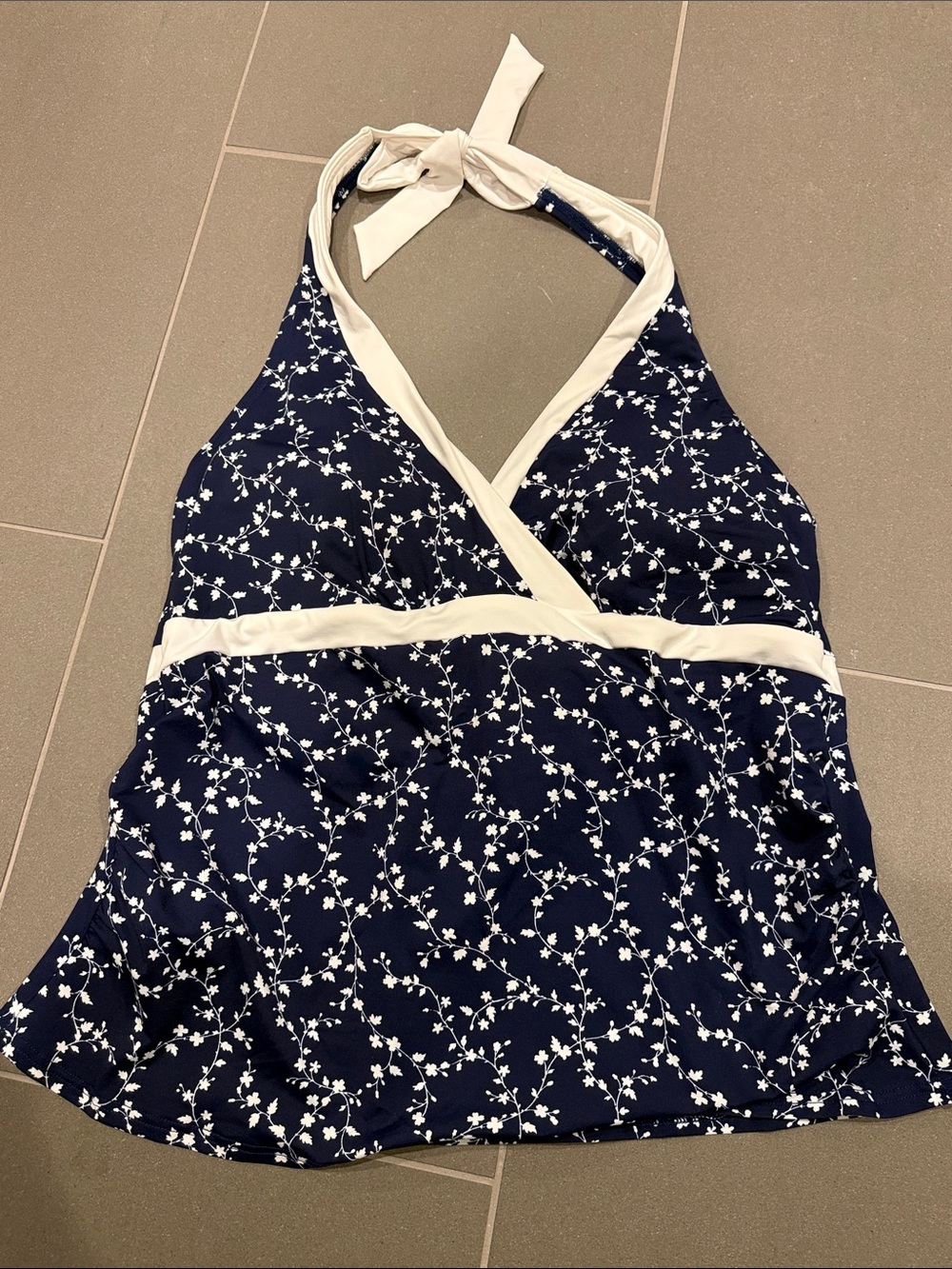 Lands' End Halter Tankini Top Navy and White Floral Swim Top